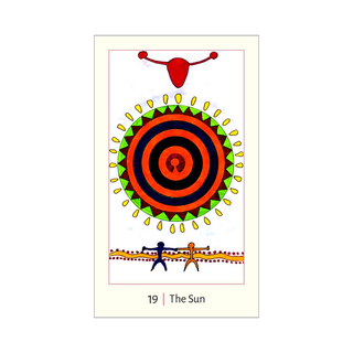 Card from a tarot deck titled 'The Sun' with a red sun-like symbol at the top and two people walking below on a white background.
