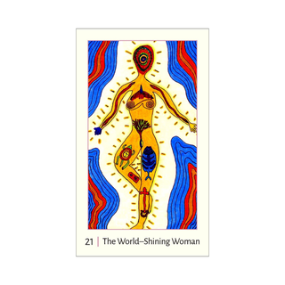 Colorful tarot card featuring a stylized woman with abstract designs on a white background