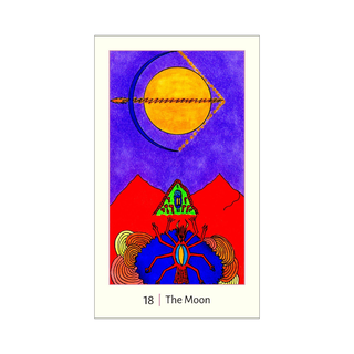 Tarot card titled 'The Moon' with a colorful design on a white background