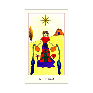 Tarot card titled 'The Star' with a colorful illustration of a figure holding objects against a white background.