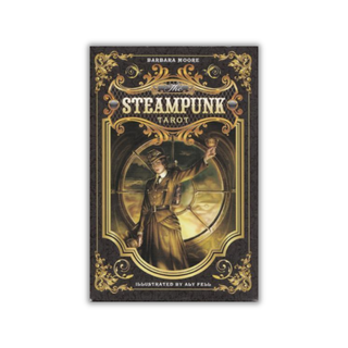 Steampunk Tarot book cover with ornate design and illustration of a person in a hat.