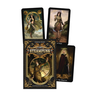 Steampunk-themed tarot cards with decorative packaging on a white background