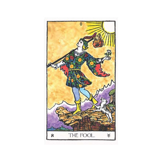 Tarot card featuring 'The Fool' with a colorful character and scenic background.