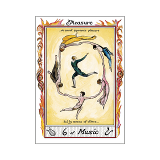 Card from a tarot deck with dancers in a circle and decorative border