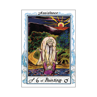 Tarot card titled '6 of Painting' with a figure assisting another over water, set against a scenic background.