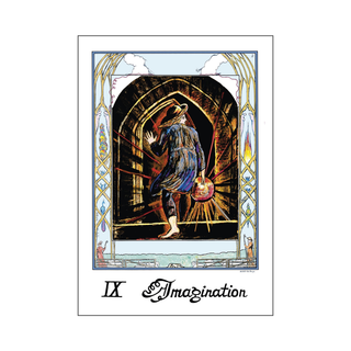 Tarot card with a person holding a lantern, labeled 'Imagination', in a decorative frame.