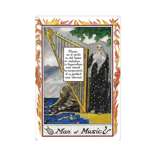 Card featuring a man with a long beard standing next to a lyre, with decorative elements and text.