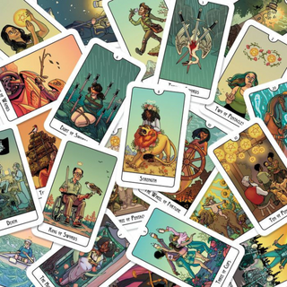 Collection of colorful tarot cards with various illustrations and text.