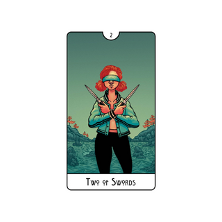 Tarot card titled 'Two of Swords' with a person holding two swords against a scenic background.