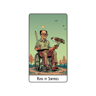 Card featuring a person in a wheelchair with a sword and a bird, titled 'King of Swords'.
