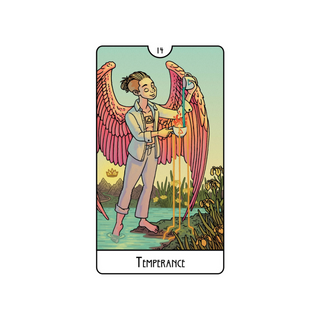 Tarot card titled 'Temperance' featuring a person with wings holding a pitcher.