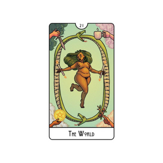 Tarot card titled 'The World' featuring a nude figure with snakes and symbols on a light green background.
