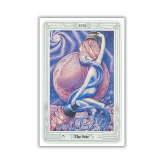 Tarot card titled 'The Star' with a stylized figure and swirling design on a blue background.