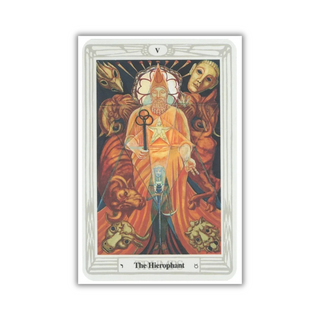 Tarot card featuring 'The Hierophant' with a central figure and symbols on a white background