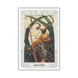 Tarot card featuring a creature with horns and a staff, labeled 'Queen of Disks'.