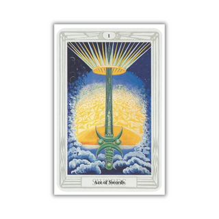Tarot card called the Ace of Swords featuring a sword and sun design on a white background