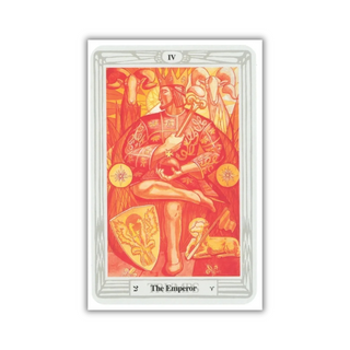 Tarot card titled 'The Emperor' with a red and orange color scheme on a white background.
