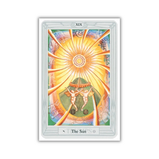 Tarot card titled 'The Sun' with a bright yellow sun and two cherubs on a white background