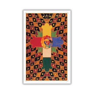 Colorful tarot card with a cross design on a patterned card