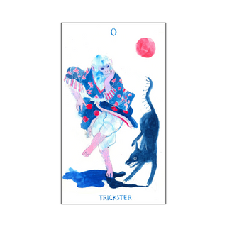 Tarot card featuring a colorful figure labeled 'Trickster' with a blue creature and pink ball on a white background.