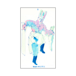 Colorful tarot card illustration of the 'High Priestess' with pastel hues on a white background.