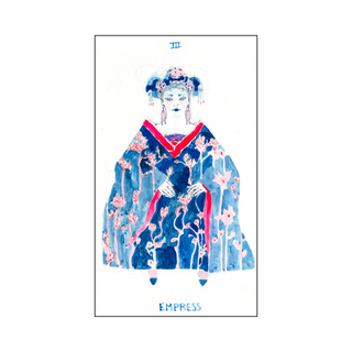 Illustration of a character labeled 'Empress' in a blue and pink outfit with floral patterns on a white background.
