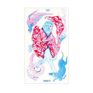 Colorful tarot card featuring a monkey-like figure with a red robe and a blue creature, labeled 'World'.