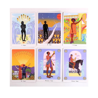 Set of six tarot cards with colorful illustrations on a white background