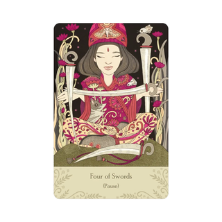 Card from Universal Tarot Deck featuring a woman with gray hair and a cat, surrounded by swords.