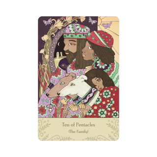 Card from Universal Tarot Deck featuring two people and a dog with decorative elements on a white background