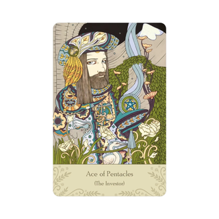 Card from Universal Tarot Deck with a stylized illustration of a person in ornate clothing, surrounded by nature elements, on a beige background.