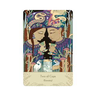 Card from Universal Tarot Deck featuring two figures with intricate designs and text 'Two of Cups Eternity'.