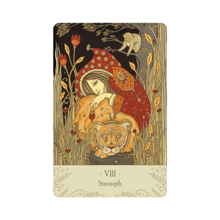 Card from Universal Tarot Deck featuring a woman and lion design, titled 'Strength'.
