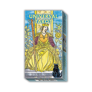 Box of Universal Tarot cards with a colorful design featuring a woman in a yellow dress and a black cat.