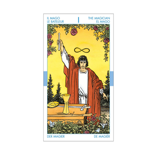 Tarot card featuring a figure in a red robe with a yellow background
