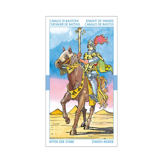 Card featuring a knight on horseback with text and color gradient background