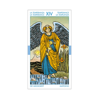 Tarot card featuring an angel with wings holding a sun, surrounded by nature elements on a white background.