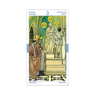 Tarot card with three figures in a classical setting, featuring symbols and text.