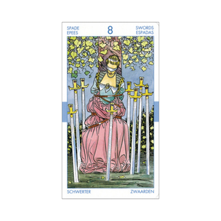Tarot card with a woman in a pink dress surrounded by swords, on a white background.