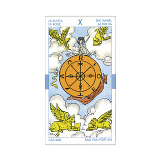 Tarot card with a central wheel symbol and gryphons on a white background