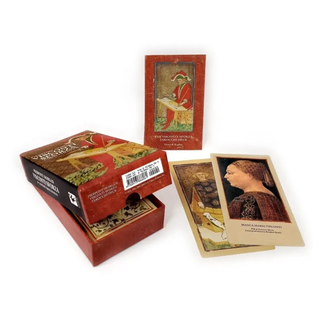 Cardboard box with tarot cards and a few cards displayed on a white background