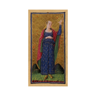 Medieval-style painting of a woman holding a star, framed with gold border