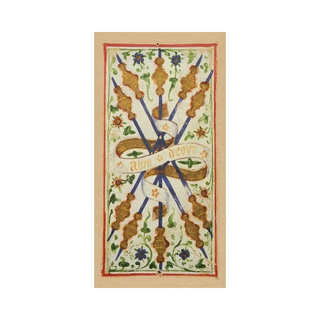 Decorative card with a central design and text on a beige background