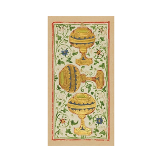 Decorative card with gold urns and floral patterns on a beige background