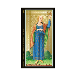 Tarot card featuring a figure in a blue dress holding a star, with decorative border and text.
