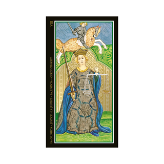 Tarot card featuring a woman with a sword and a lion, framed in black.