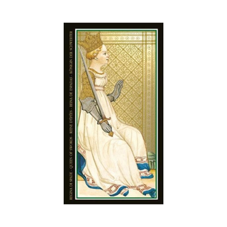 Decorative card with a stylized illustration of a woman holding a sword on a gold background