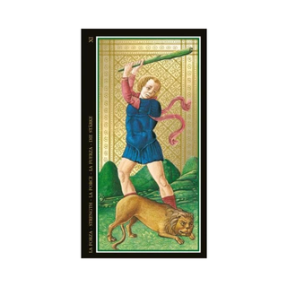 Tarot card featuring a figure with a lion and decorative border