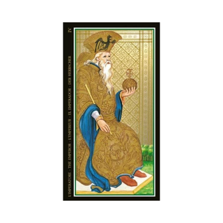 Decorative card with a detailed illustration of a figure in a gold robe holding a orb, on a white background.