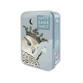 White Sage Tarot card packaging with a bird illustration on a light blue background